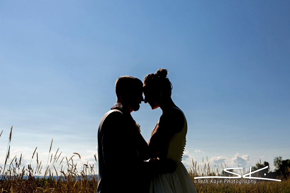 bride and groom outdoor silhouette portrait in a field